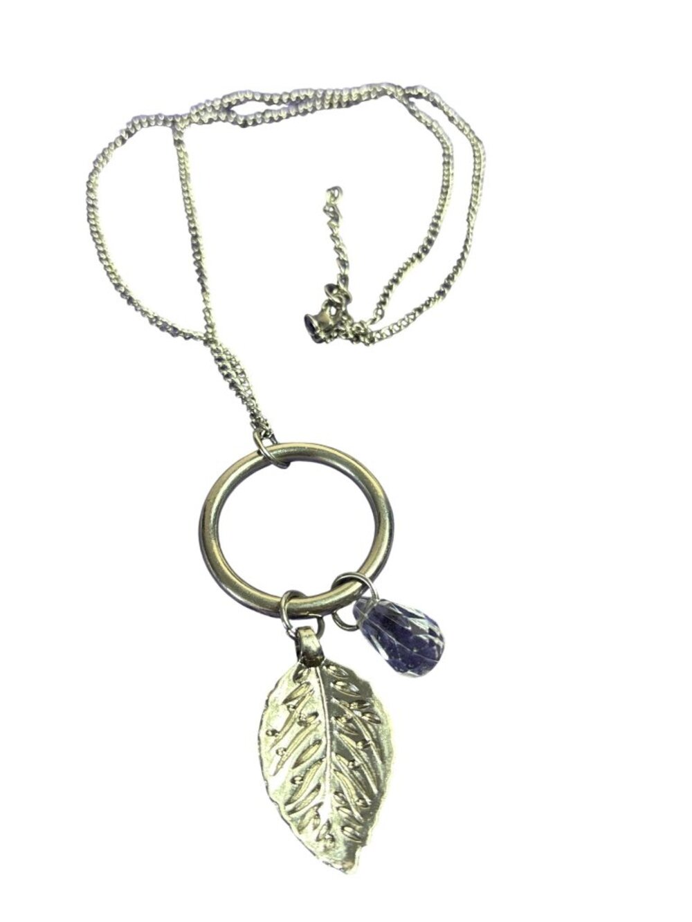 Silvertone Ring Pendant Necklace Leaf Clear Plastic Bead Charms 24 - 26 inches